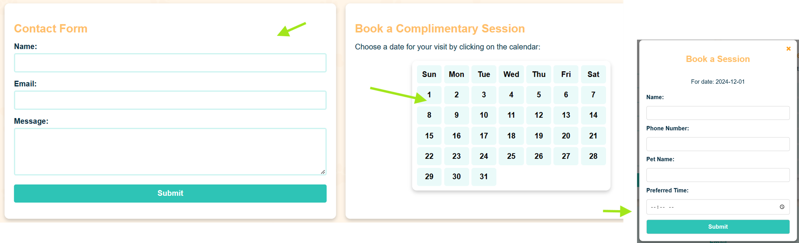 An example of the forms on the contact page